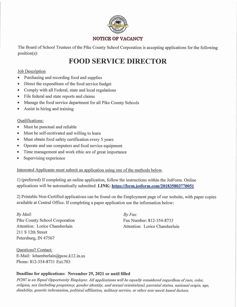 Food service director notice of vacancy