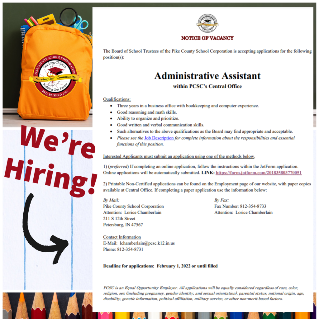 PCSC Administrative Assistant job posting