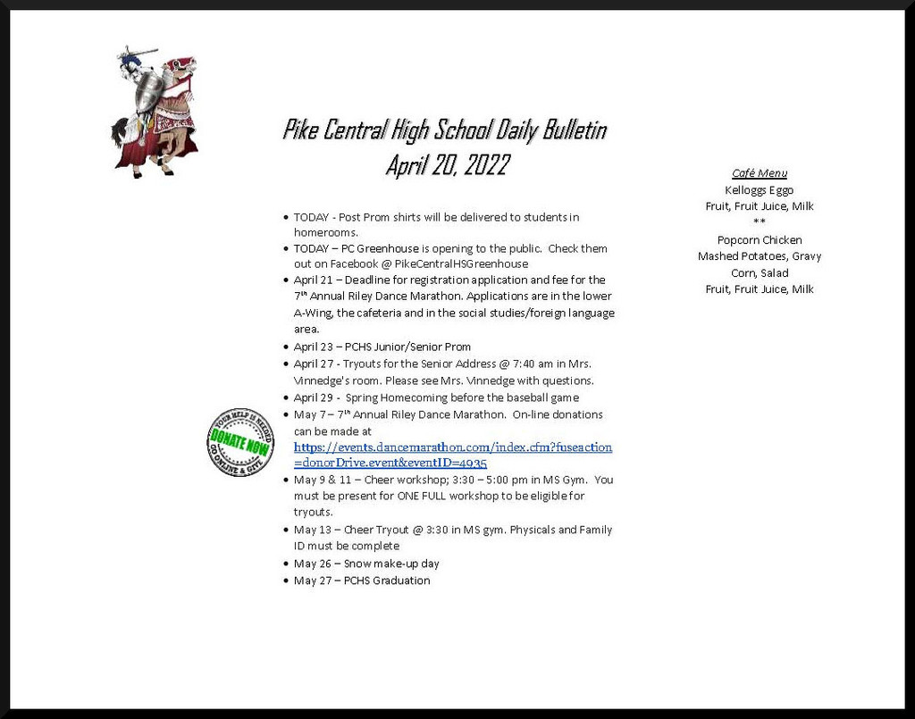 Daily Bulletin Wednesday, April 20th